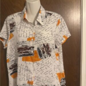 SHEIN White and Orange Button Down Shirt with Artistic Design